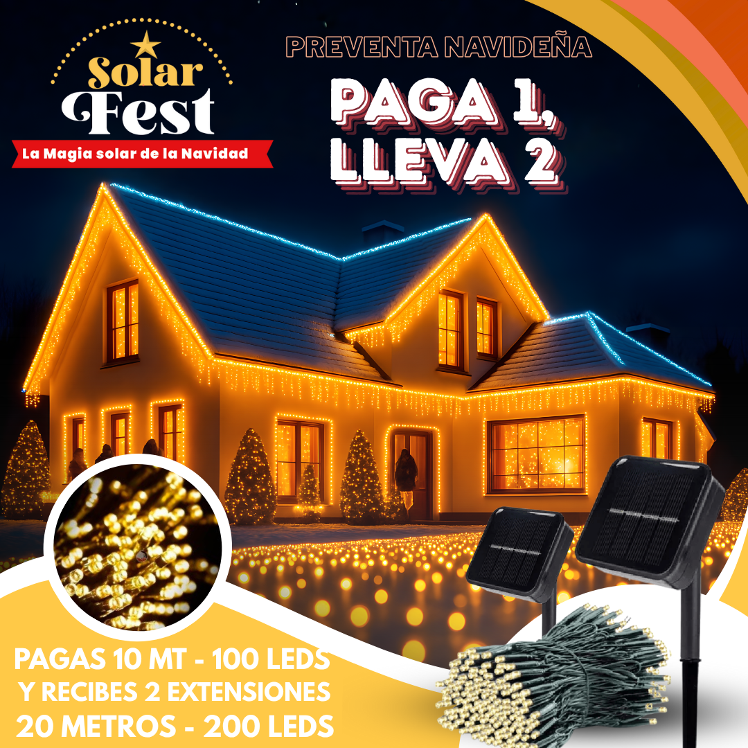 *PACK 2 X 1  LUCES NAVIDEÑAS SOLARFEST -  100 LEDS-10 MTS + PANEL SOLAR ✨🎄