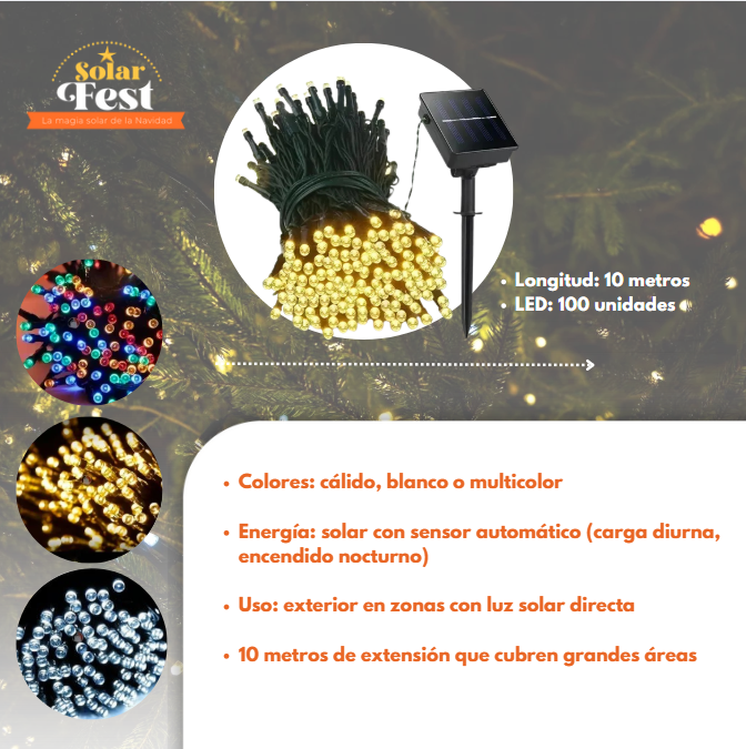 *PACK 2 X 1  LUCES NAVIDEÑAS SOLARFEST -  100 LEDS-10 MTS + PANEL SOLAR ✨🎄
