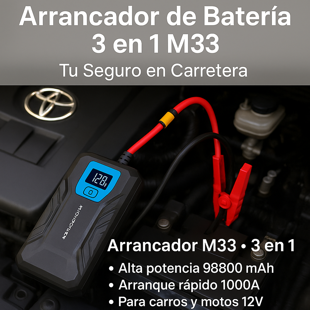 ARRANCADOR DE BATERIA CARRO Y MOTO  3 EN 1 - M33