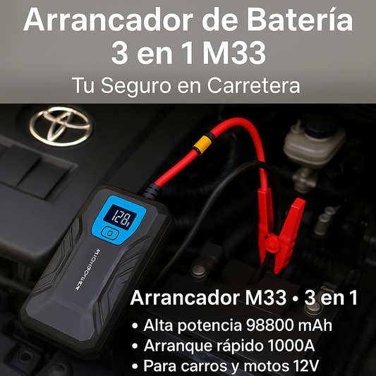 ARRANCADOR DE BATERIA CARRO Y MOTO  3 EN 1 - M33