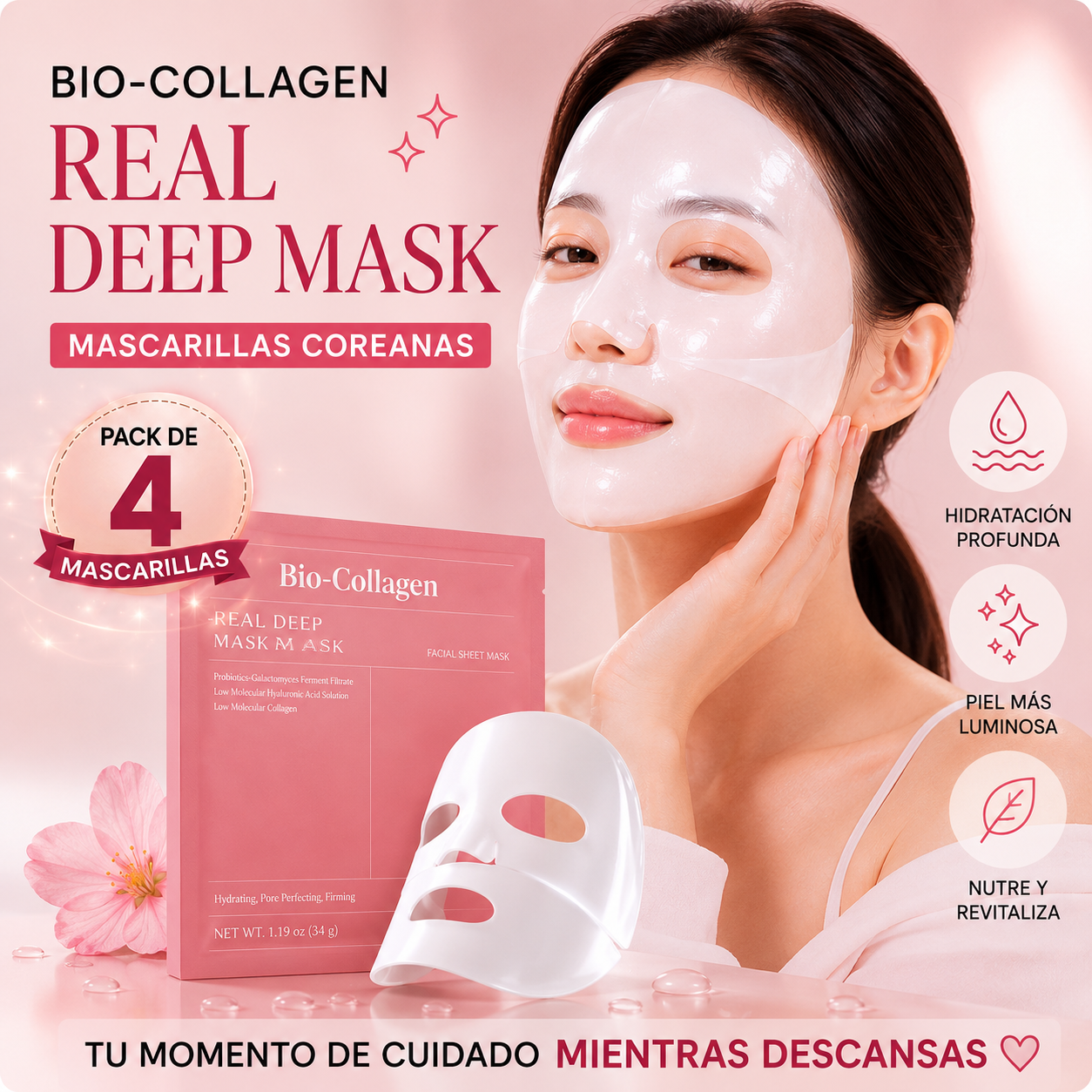 Pack de 4 Mascarillas Rejuvenecedoras- Bio Collagen Coreano