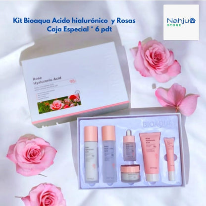 Kit Bioaqua Rosas y Acido Hialurónico - Caja de Lujo x 6 🌹🩷