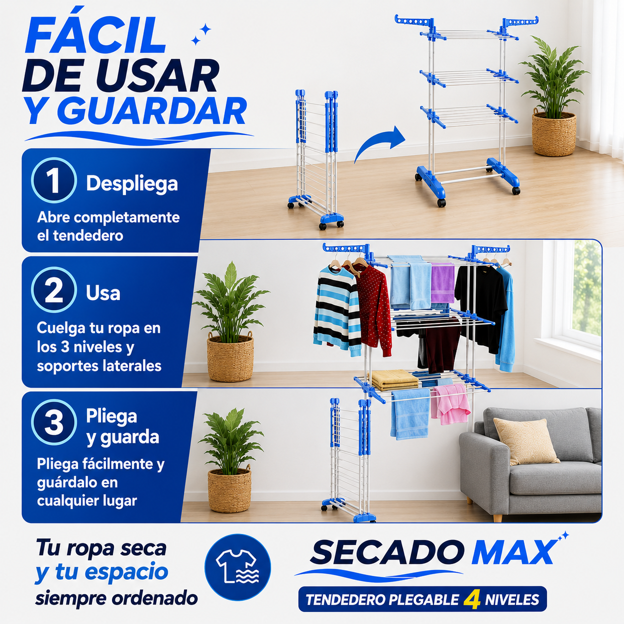 Tendedero Plegable 4 Niveles - SecadoMax™ - Orden y Espacio en tu hogar👚🏠