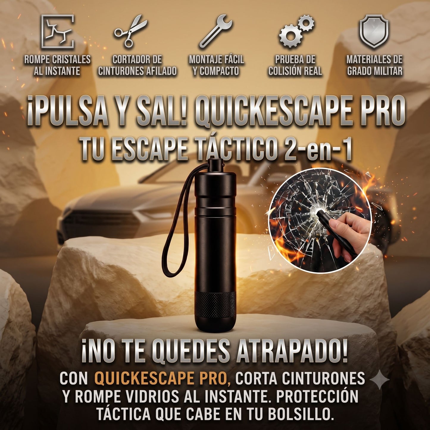 QuickEscape Pro — Llavero de protección de auto 2 en 1