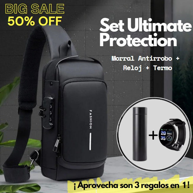 Morral Antirrobo + Termo+Reloj D18 - Set Ultimate Protection