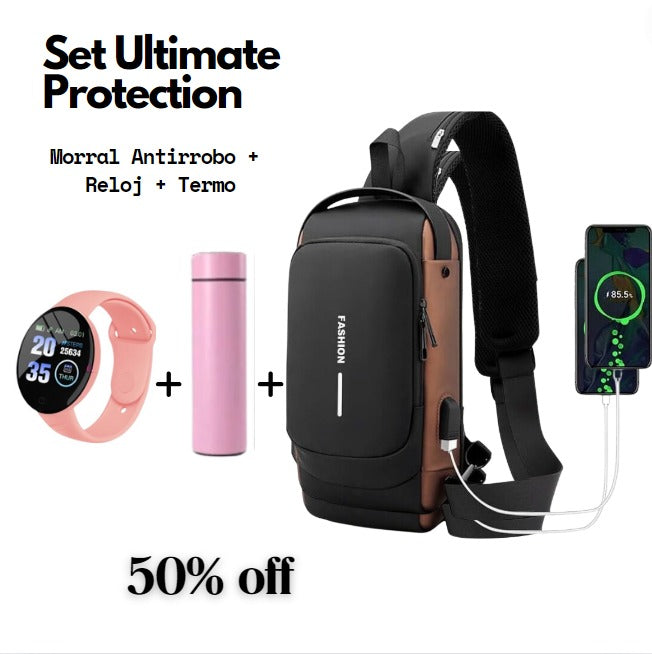 Morral Antirrobo + Termo+Reloj D18 - Set Ultimate Protection